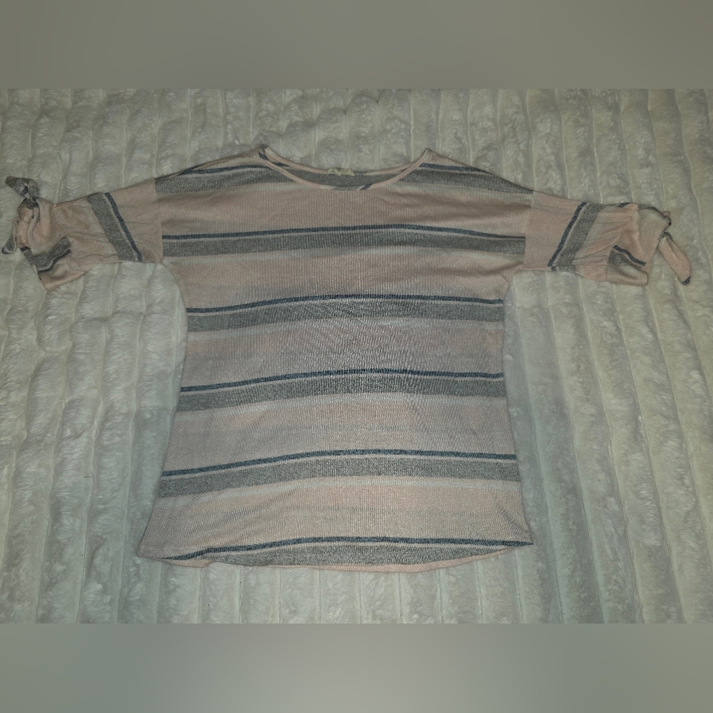 Women's Medium Como Blu Striped Pink and Gray Top with Tie Sleeves